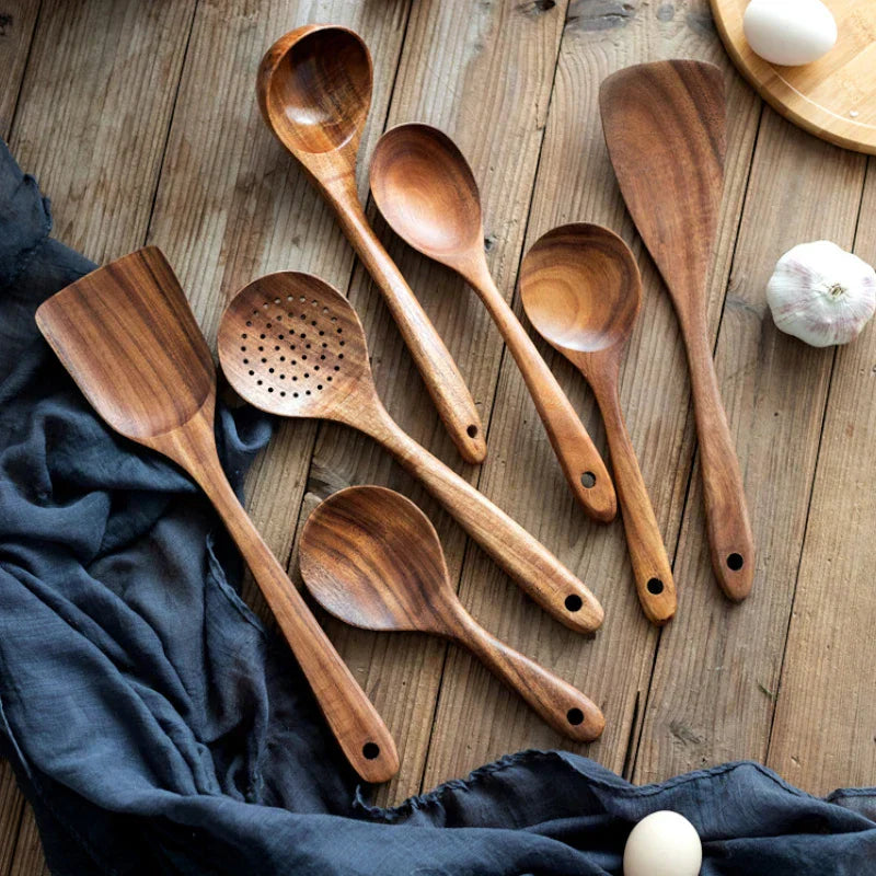 Eight-Piece Acacia Wood Kitchen Set With Holder For Everyday Cooking