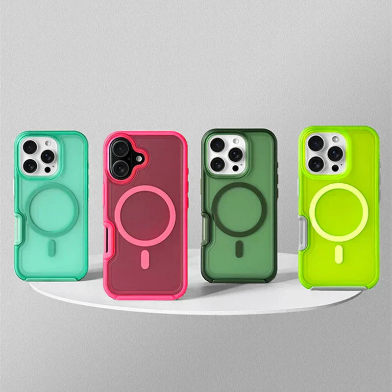 Neon beskyttelsesetui til iPhone med skridsikkert greb og magnetisk bagside