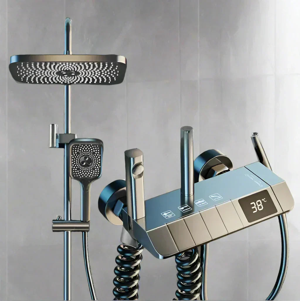 AquaSense Digital Brusesæt – 4 Funktioner, Højt Tryk, Kobberblander, Termostatstyring | Fervei