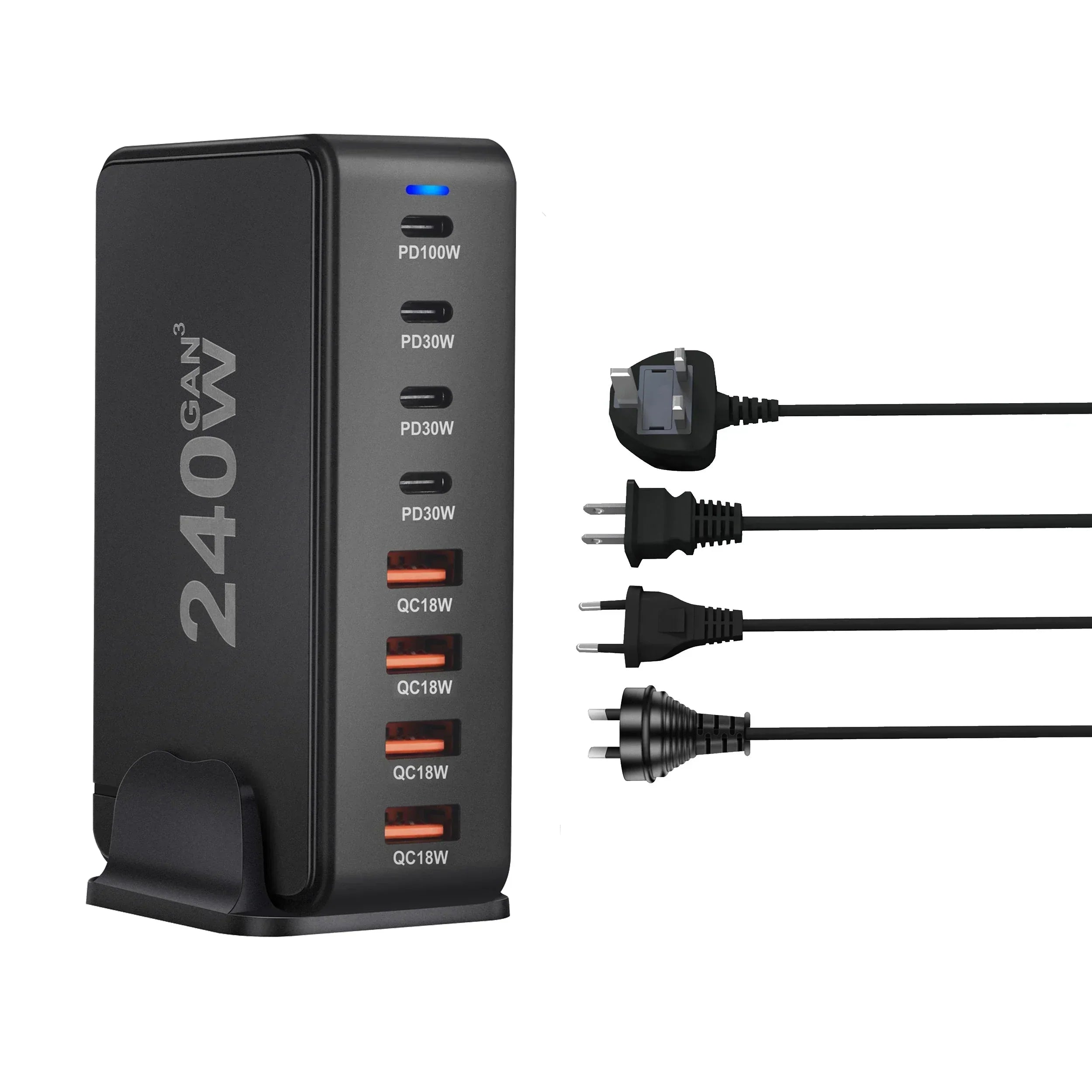240W GaN Masaüstü Şarj Cihazı, 8 USB-C PD Portu ve Dizüstü Bilgisayarlar ile Tabletler için Quick Charge 3.0 Özellikli
