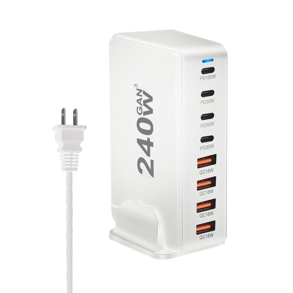 240W GaN Masaüstü Şarj Cihazı, 8 USB-C PD Portu ve Dizüstü Bilgisayarlar ile Tabletler için Quick Charge 3.0 Özellikli