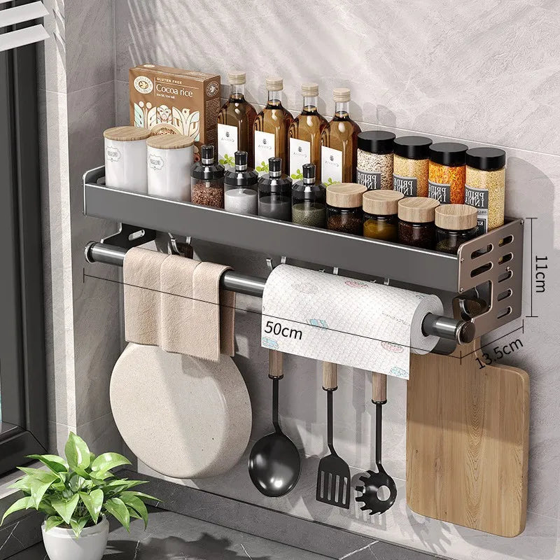 Hliníkový kuchyňský nástěnný držák v barvě gunmetal, šířka 30 až 50 cm, bez vrtání, organizér na nože a koření