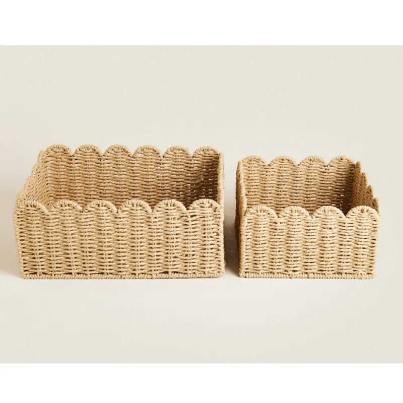 Scalloped Natural Wicker Basket For Storage Three Sizes
