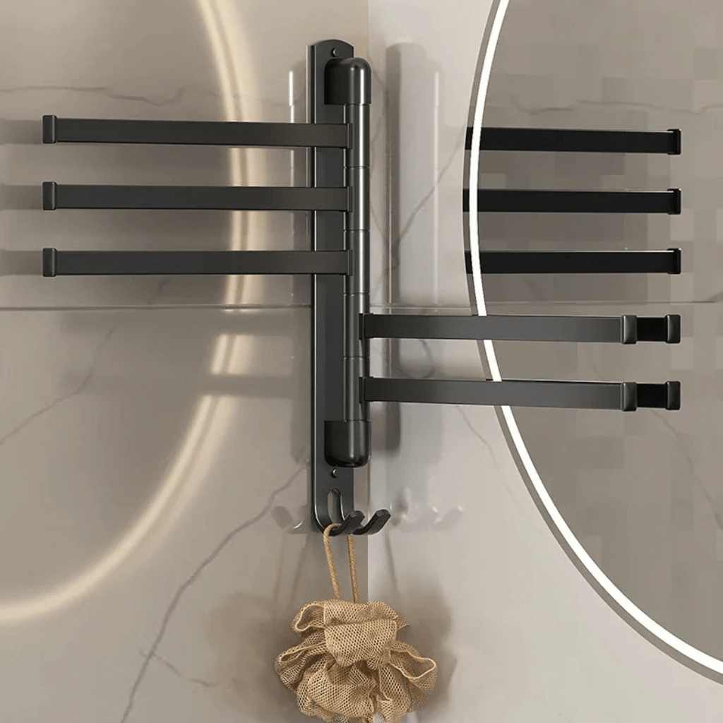 HaloHold Five-Arm Matte Black Towel Holder For Compact Bathrooms
