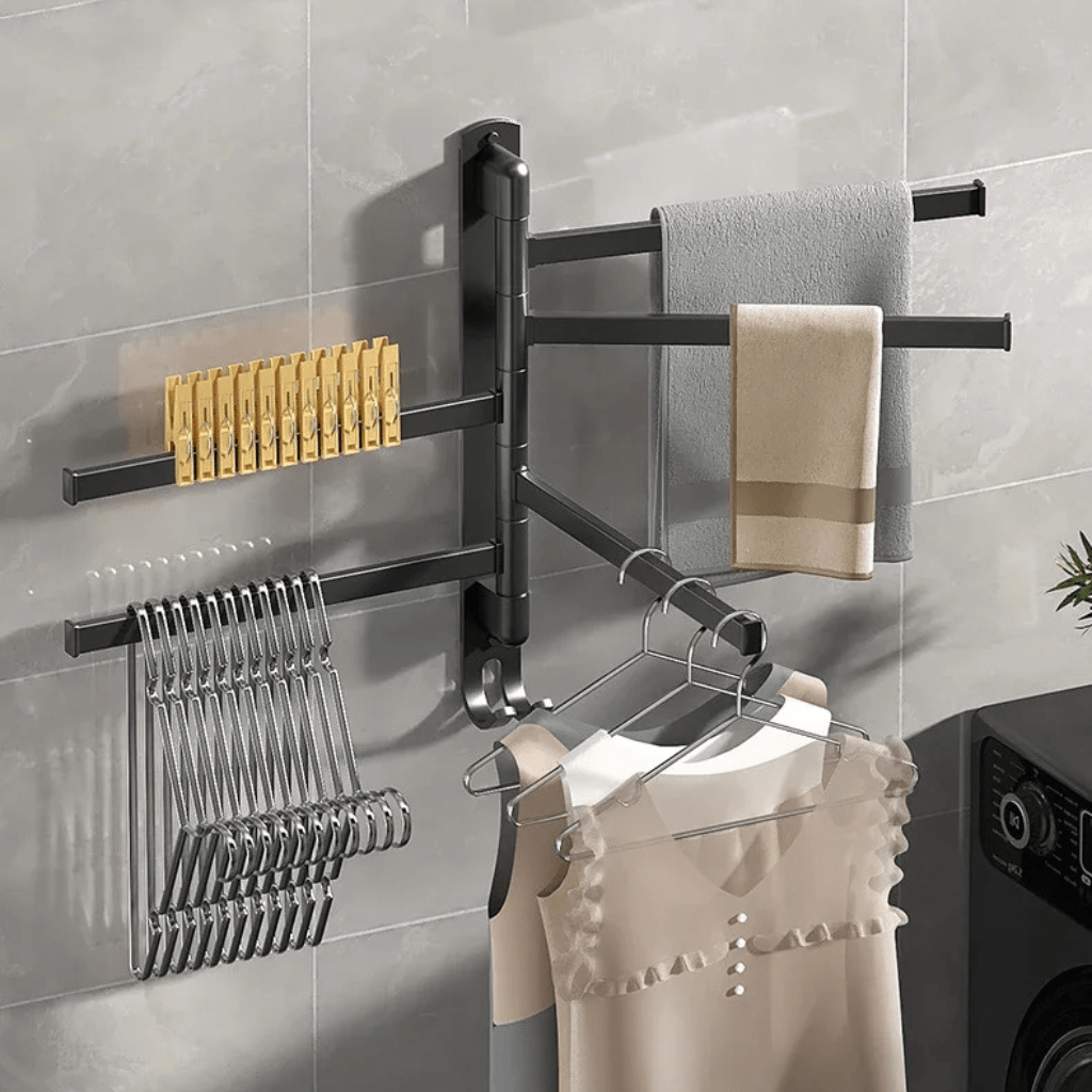 HaloHold Five-Arm Matte Black Towel Holder For Compact Bathrooms