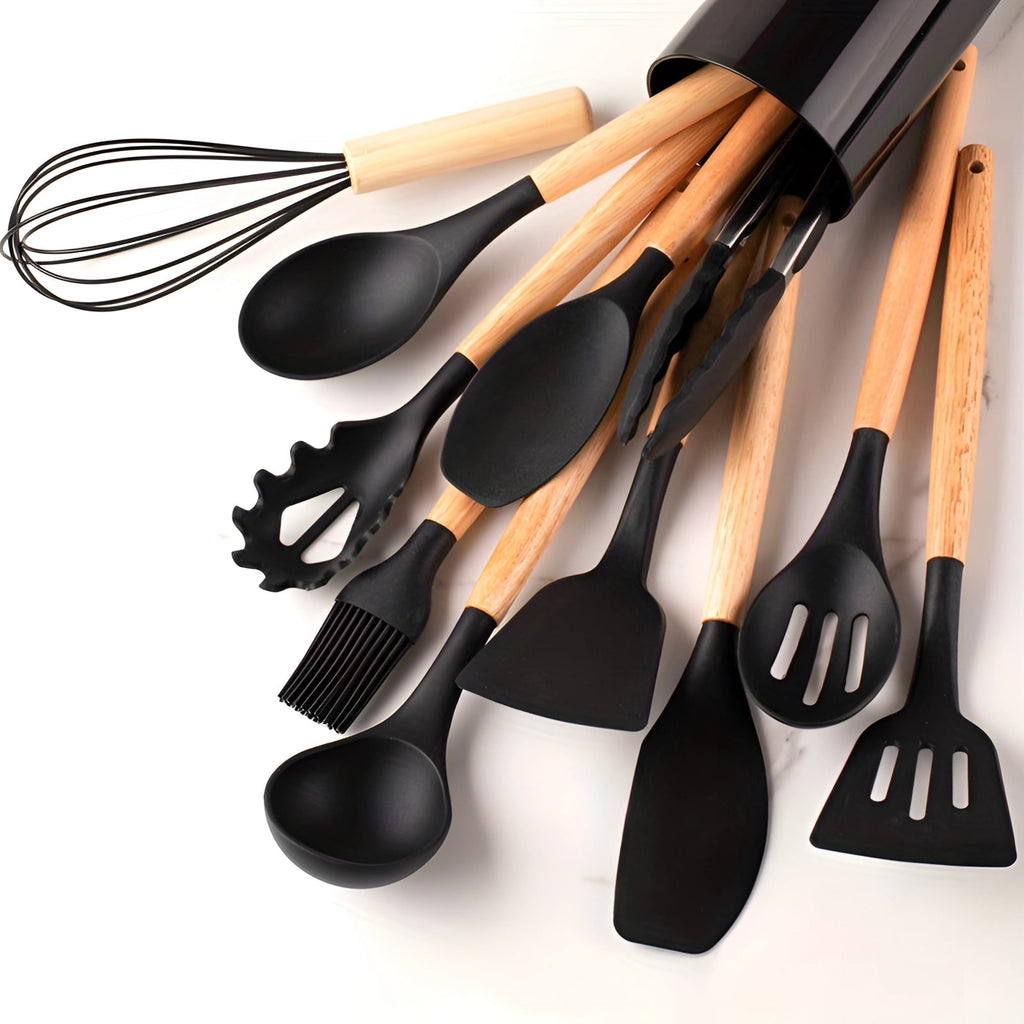 NovaChef Nonstick Silicone Kitchen Utensils Set With Bamboo Handles