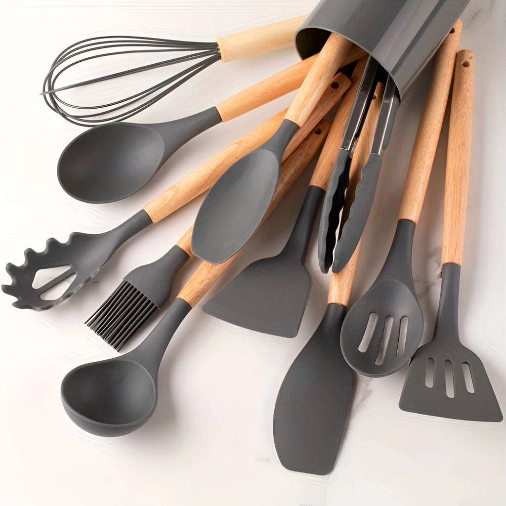 NovaChef Nonstick Silicone Kitchen Utensils Set With Bamboo Handles