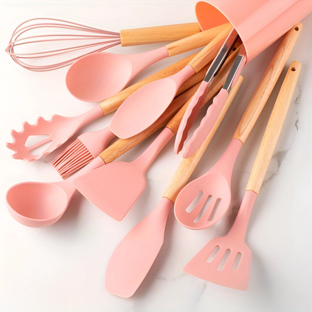 NovaChef Nonstick Silicone Kitchen Utensils Set With Bamboo Handles