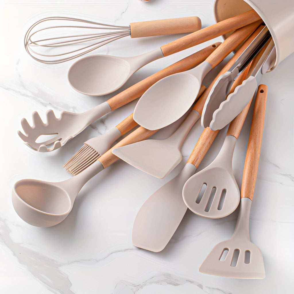 NovaChef Nonstick Silicone Kitchen Utensils Set With Bamboo Handles