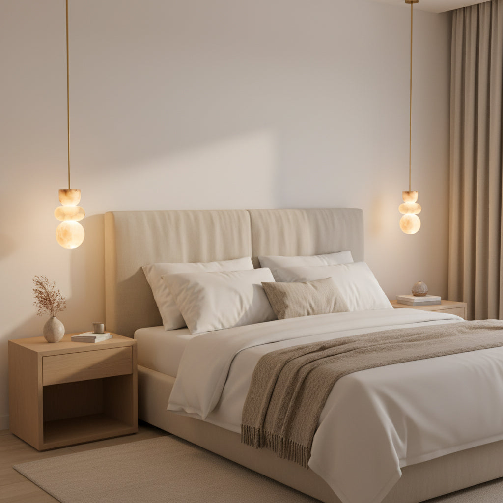 Alabasterpendellampa med mässingsarmatur och inbyggd LED