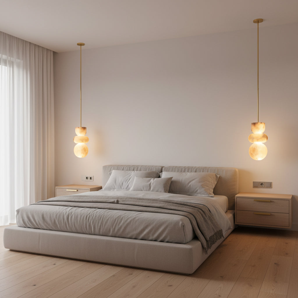 Alabasterpendellampa med mässingsarmatur och inbyggd LED