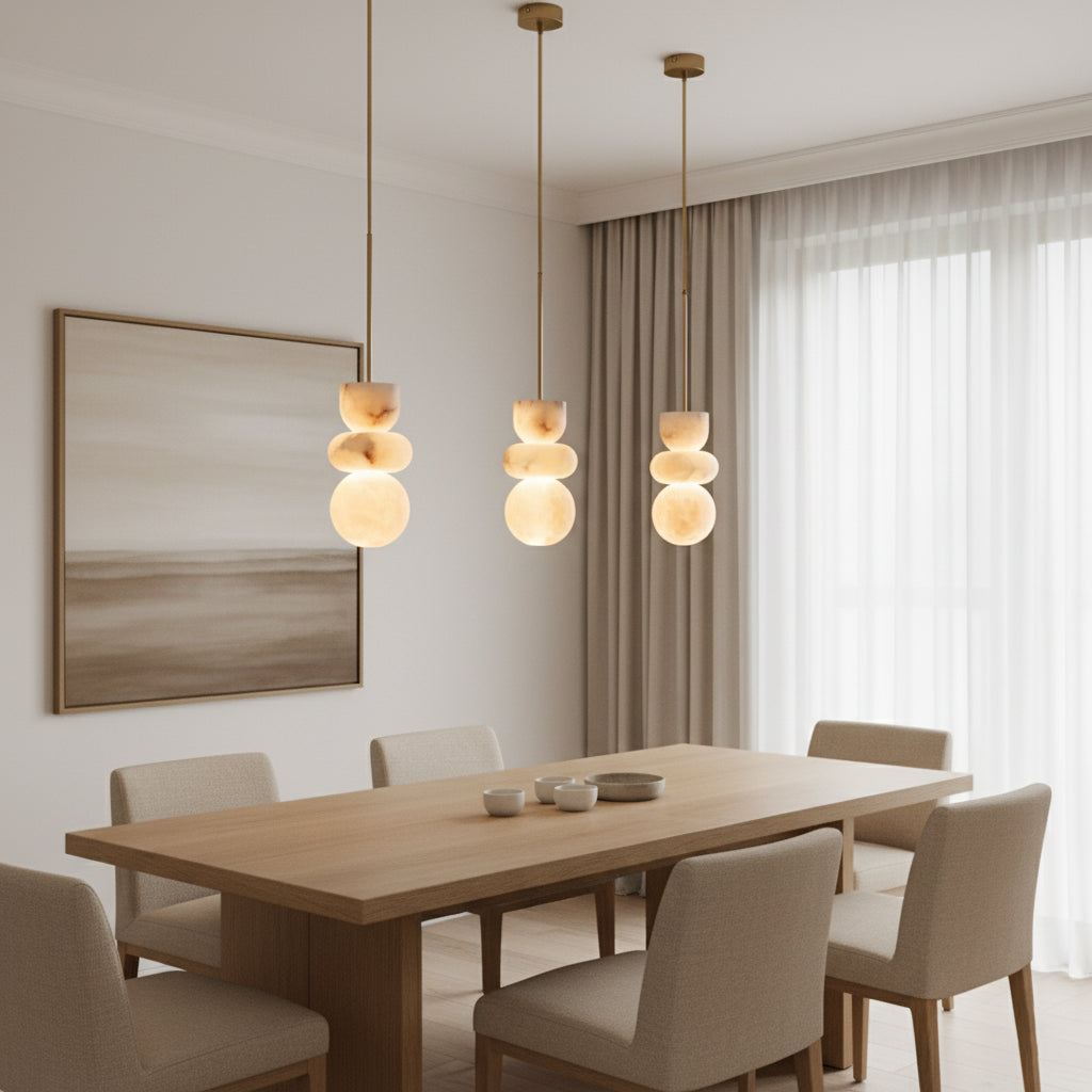 Alabasterpendellampa med mässingsarmatur och inbyggd LED