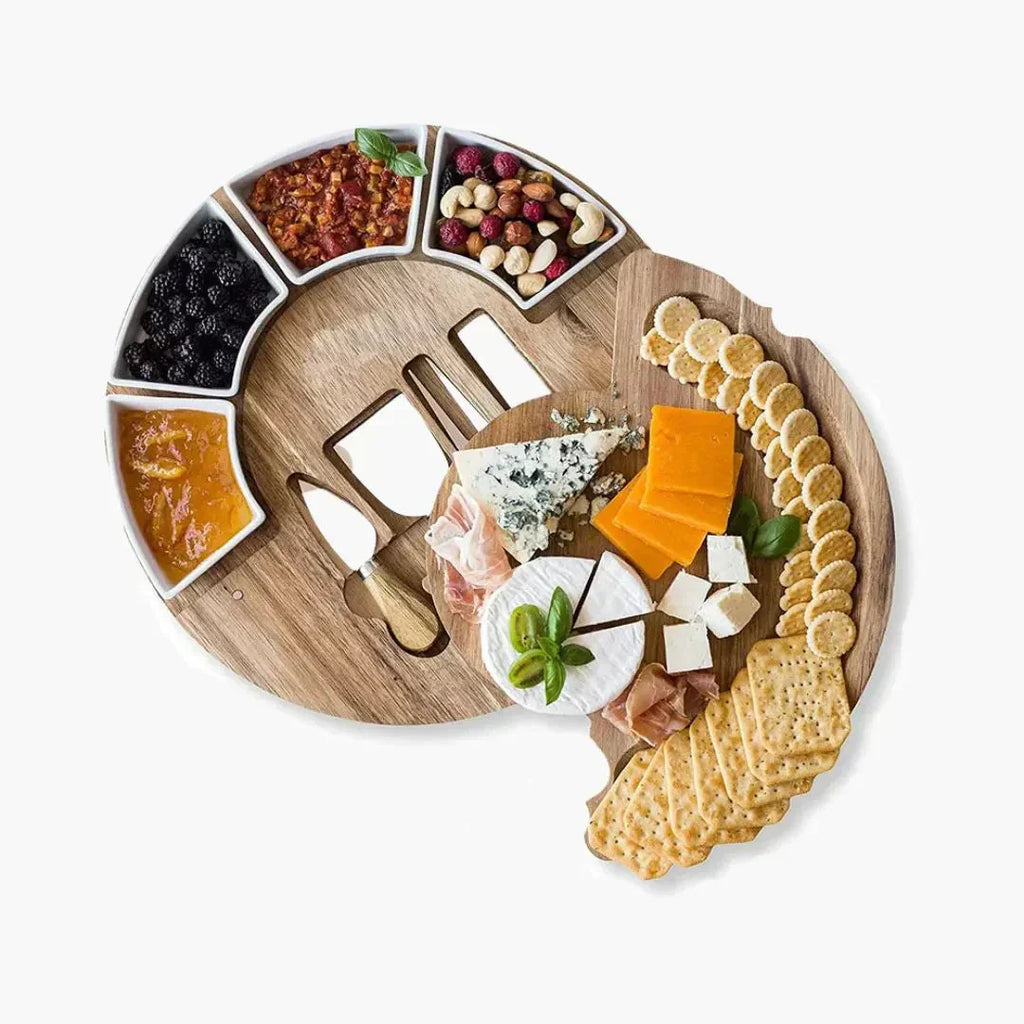 Acacia Wood Round Cheese Board Set With Ceramic Bowls And Knives