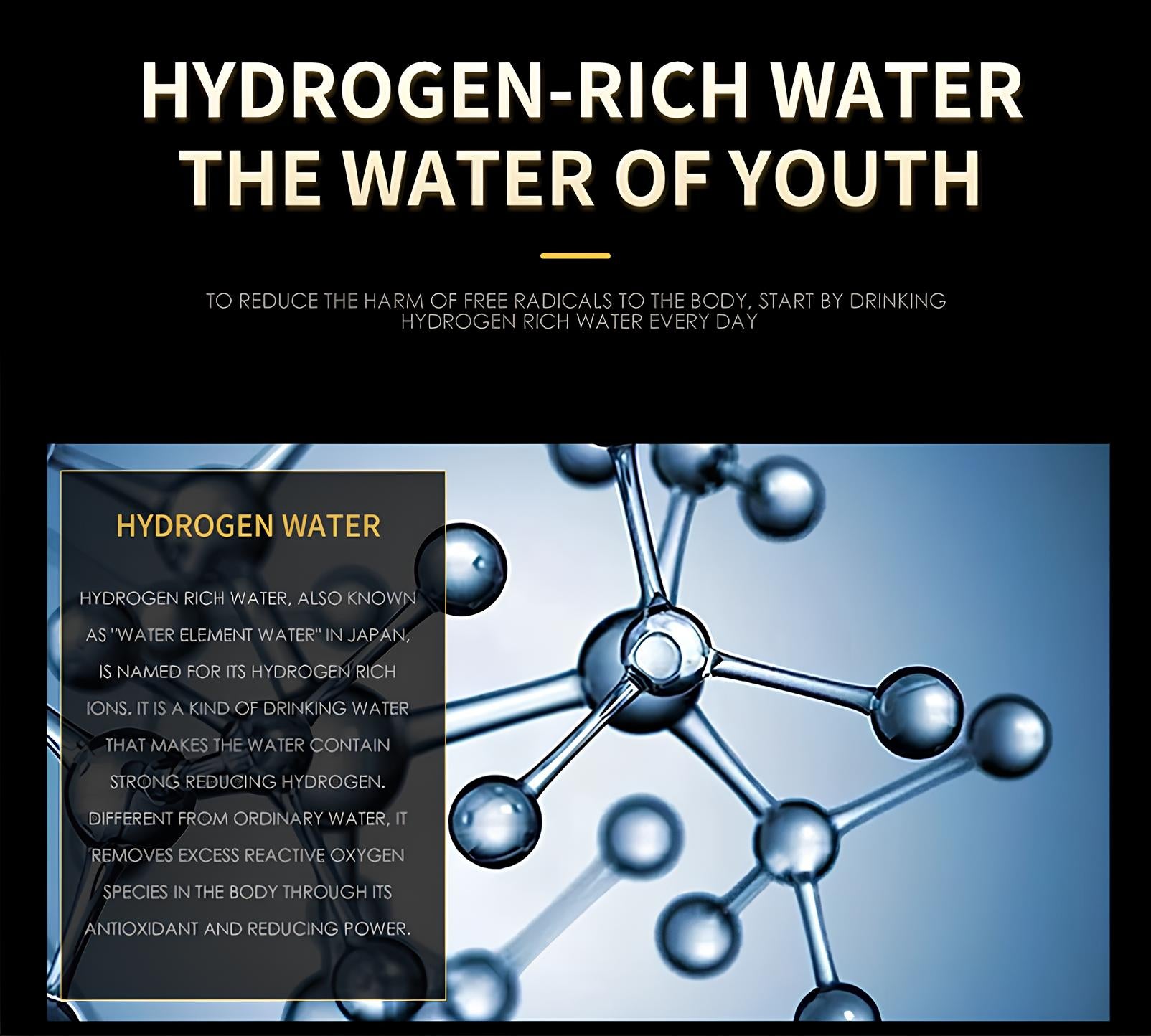 Vannflaske med hydrogenionisator, 8. generasjon SPE PEM, 5000 ppb