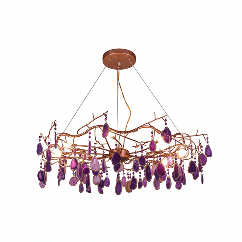 Lampadario a goccia con pietra naturale e struttura in oro rosa, illuminazione classica per villa