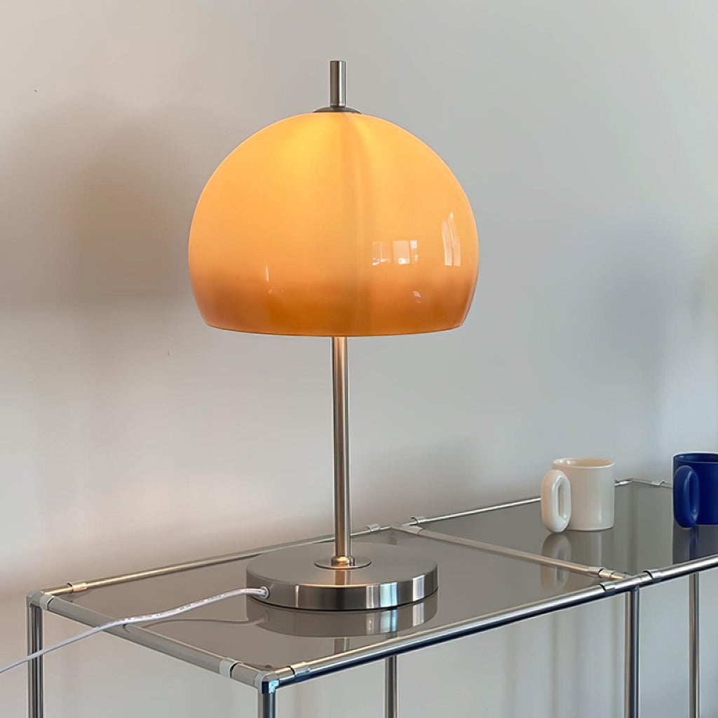 Mushroom Lamp For Tabletop In Bauhaus Style With Amber Glass Shade