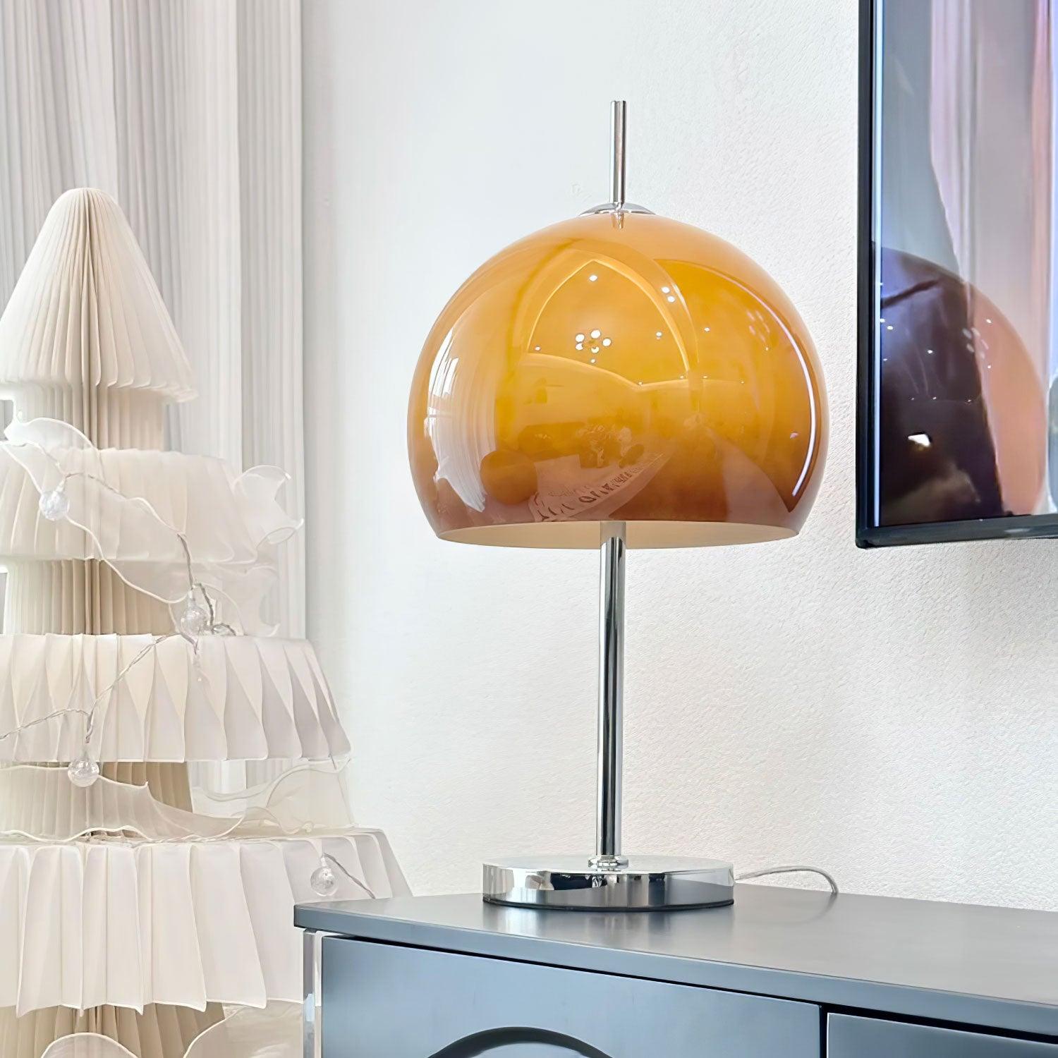 Mushroom Lamp For Tabletop In Bauhaus Style With Amber Glass Shade