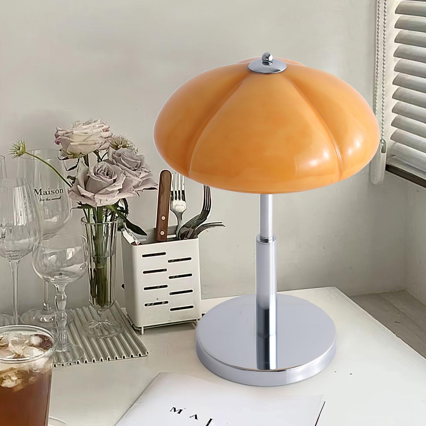 Mushroom Lamp For Tabletop In Bauhaus Style With Amber Glass Shade