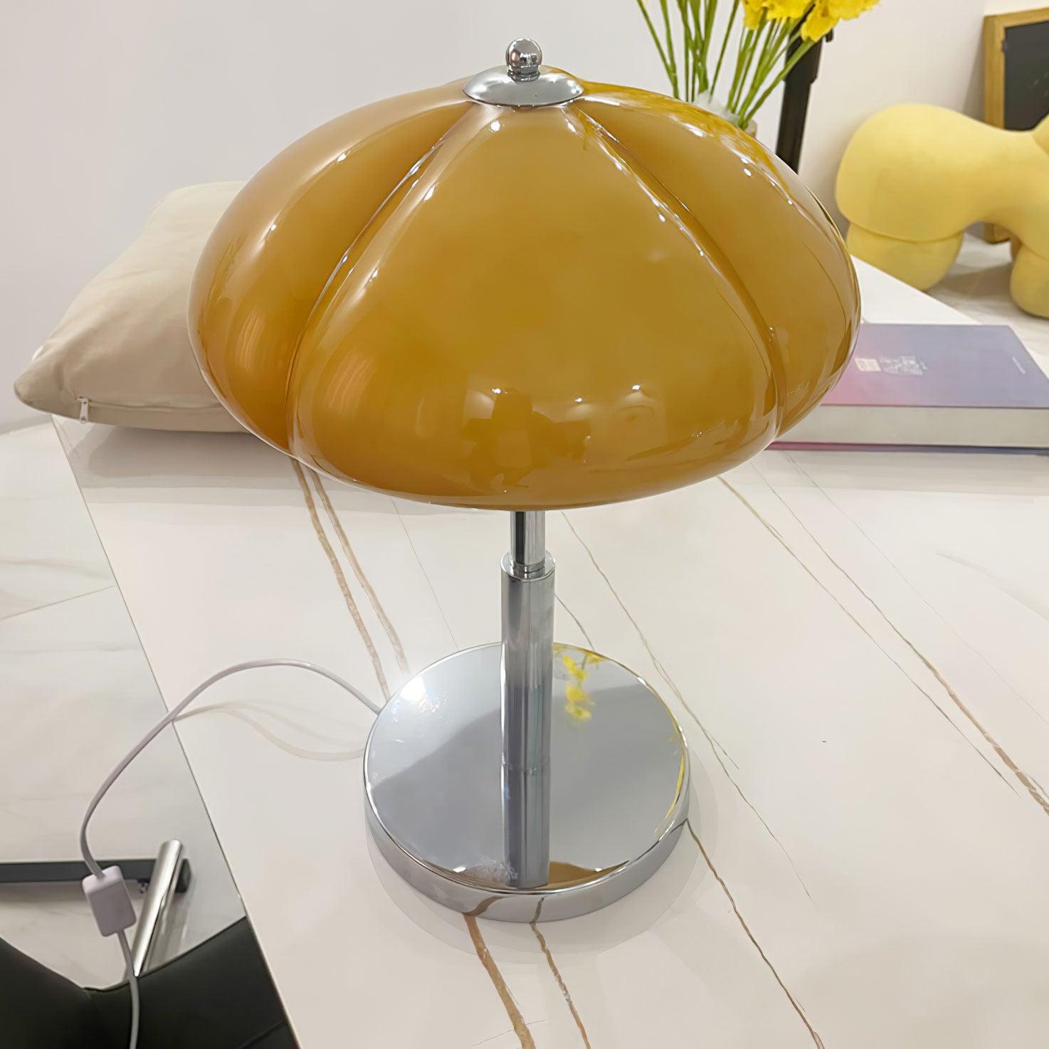 Mushroom Lamp For Tabletop In Bauhaus Style With Amber Glass Shade