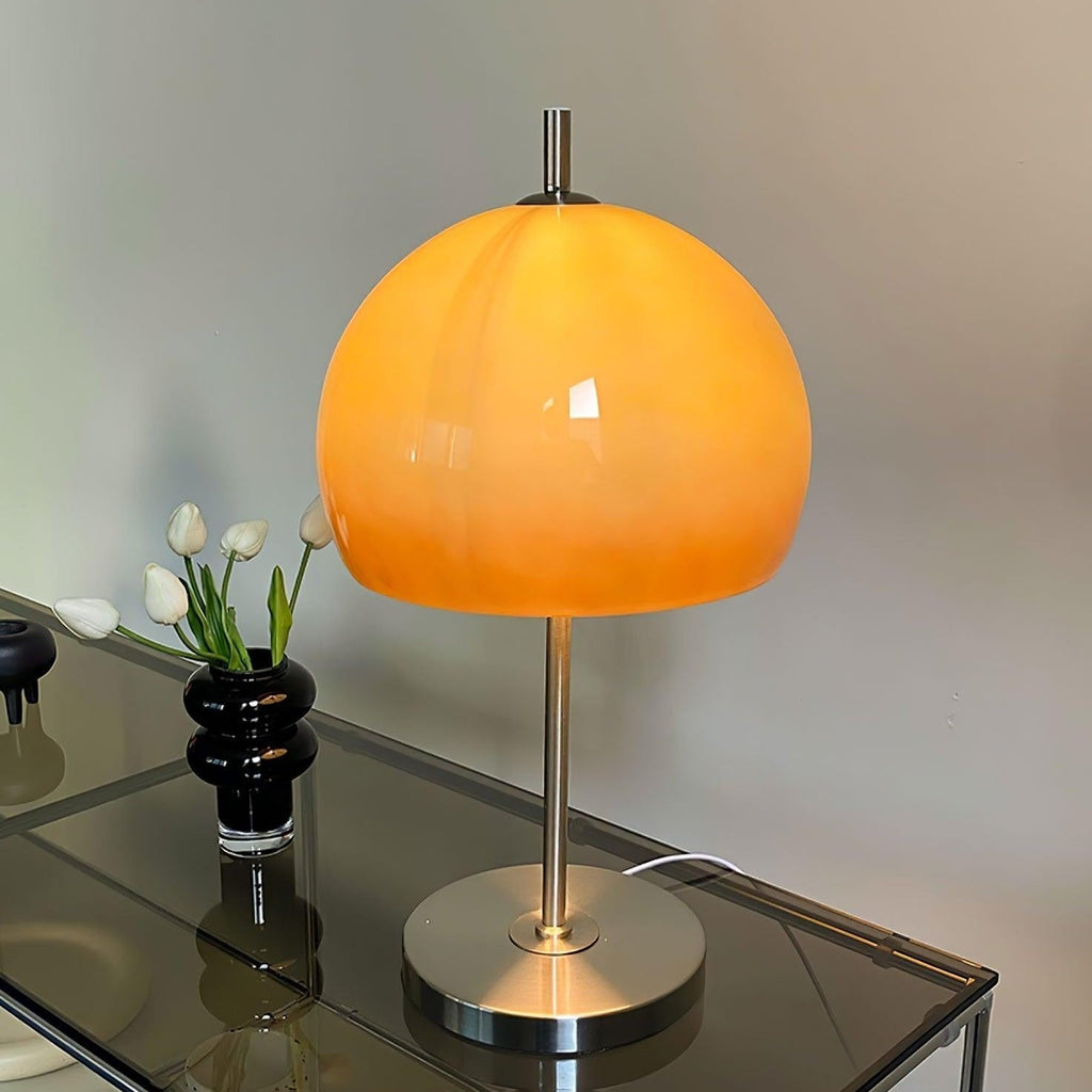 Mushroom Lamp For Tabletop In Bauhaus Style With Amber Glass Shade