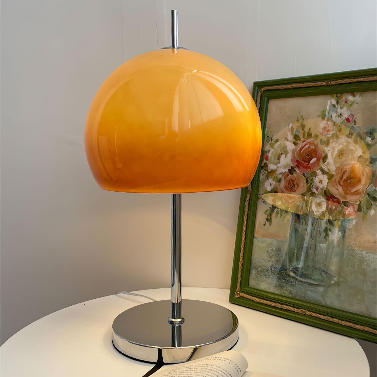 Mushroom Lamp For Tabletop In Bauhaus Style With Amber Glass Shade