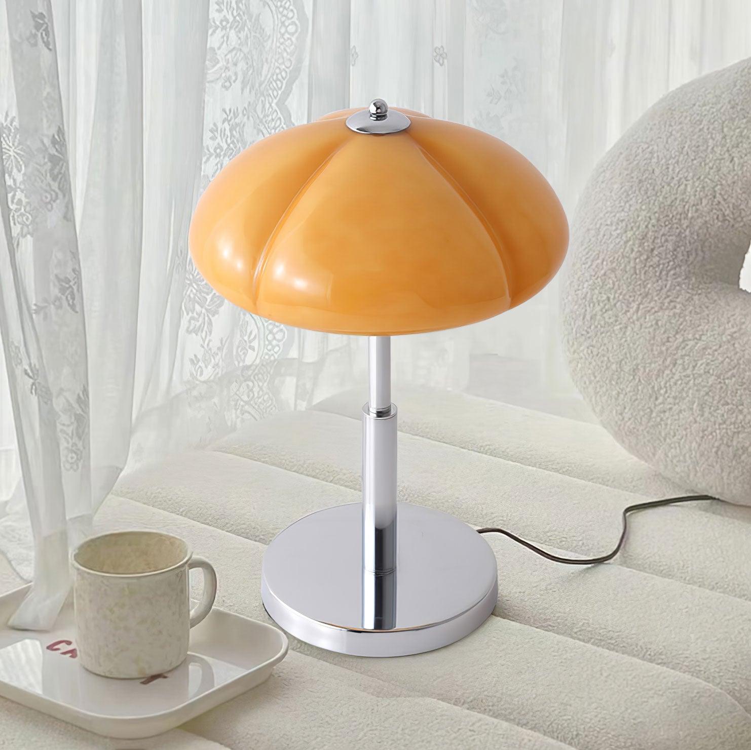 Mushroom Lamp For Tabletop In Bauhaus Style With Amber Glass Shade