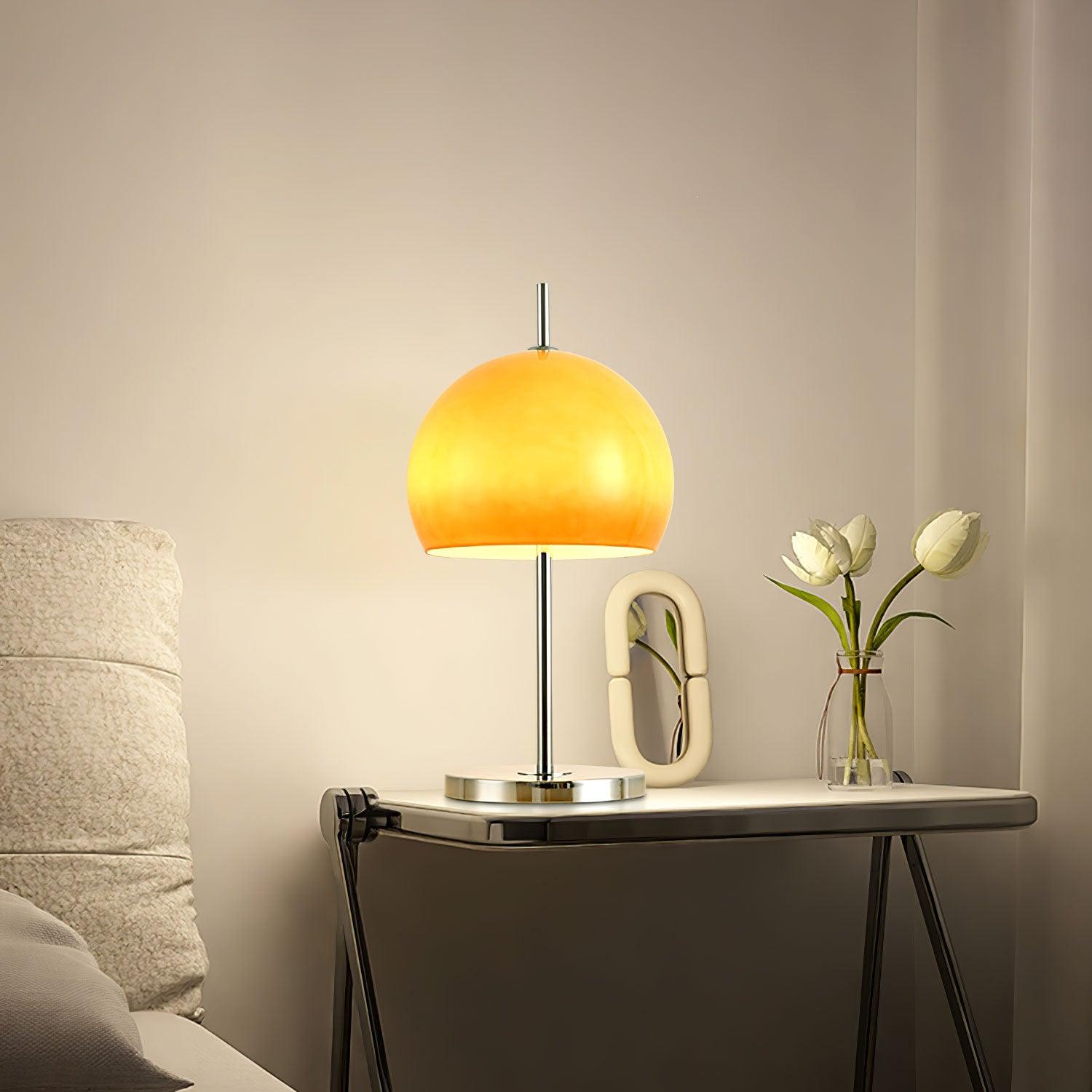 Mushroom Lamp For Tabletop In Bauhaus Style With Amber Glass Shade