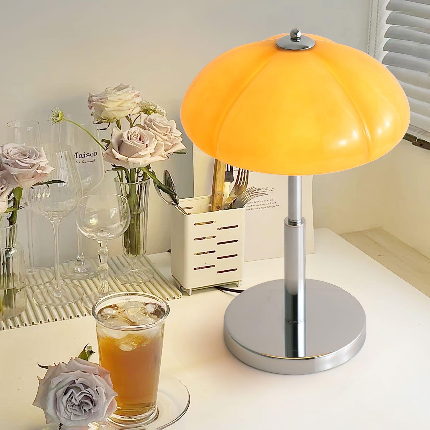 Mushroom Lamp For Tabletop In Bauhaus Style With Amber Glass Shade