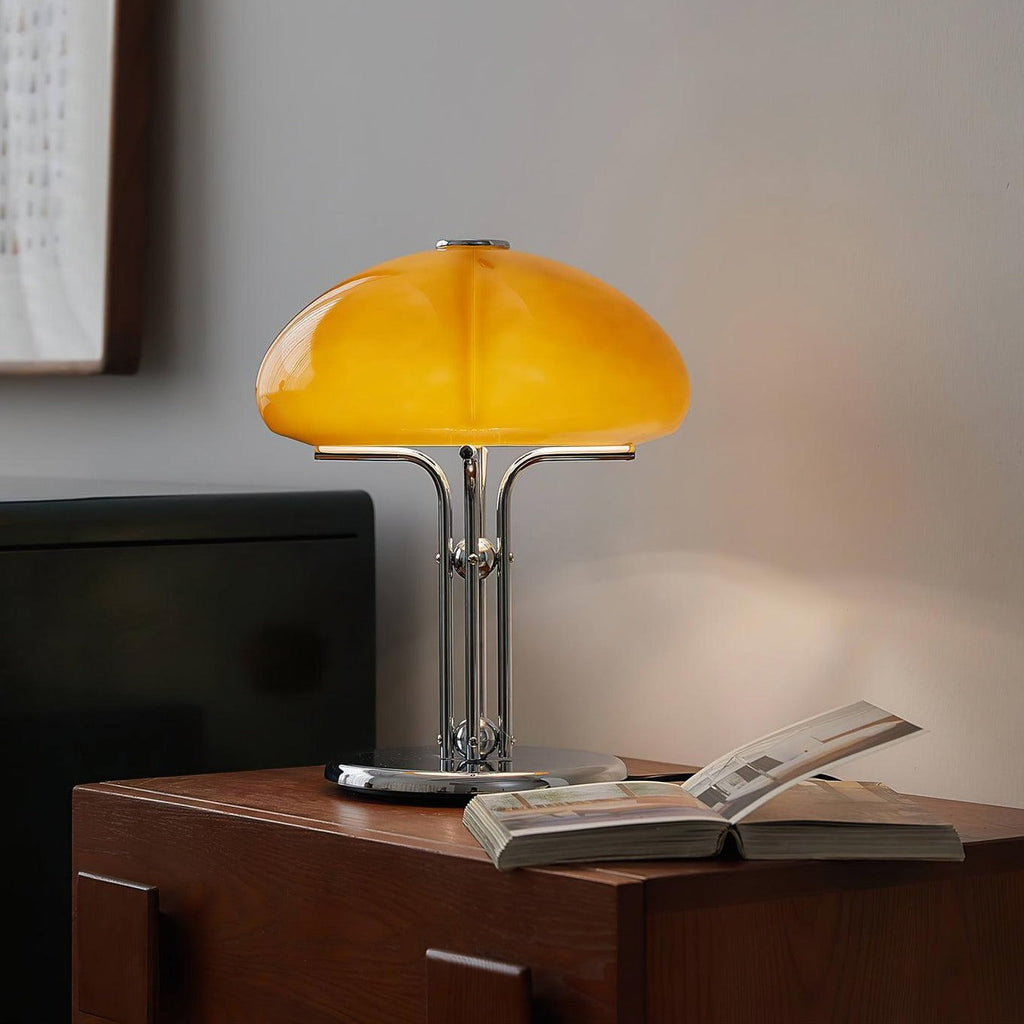 Mushroom Lamp For Tabletop In Bauhaus Style With Amber Glass Shade