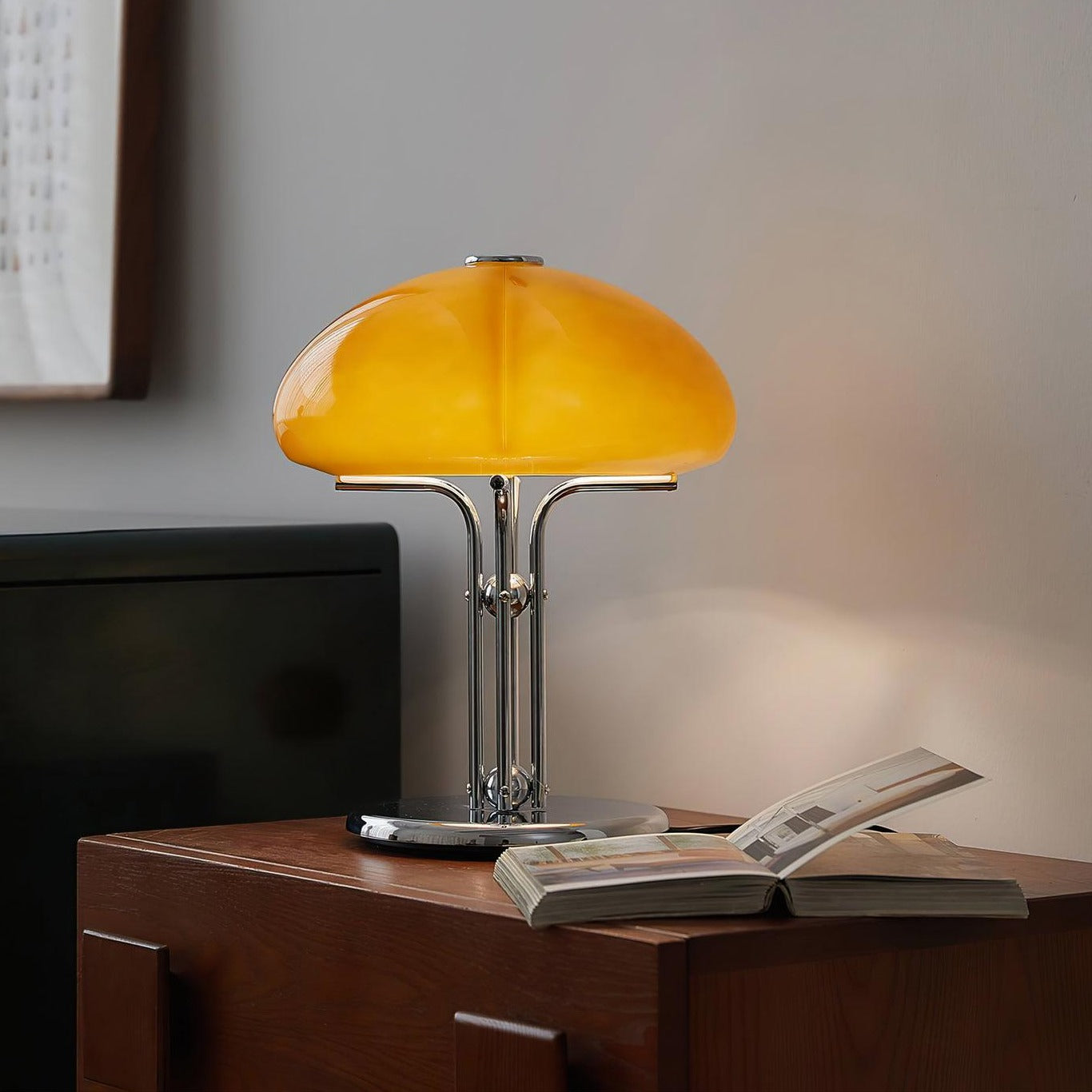 Mushroom Lamp For Tabletop In Bauhaus Style With Amber Glass Shade