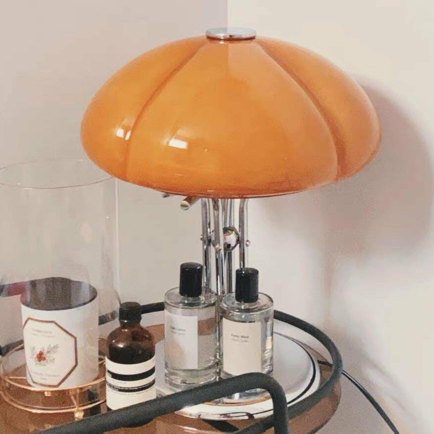 Mushroom Lamp For Tabletop In Bauhaus Style With Amber Glass Shade
