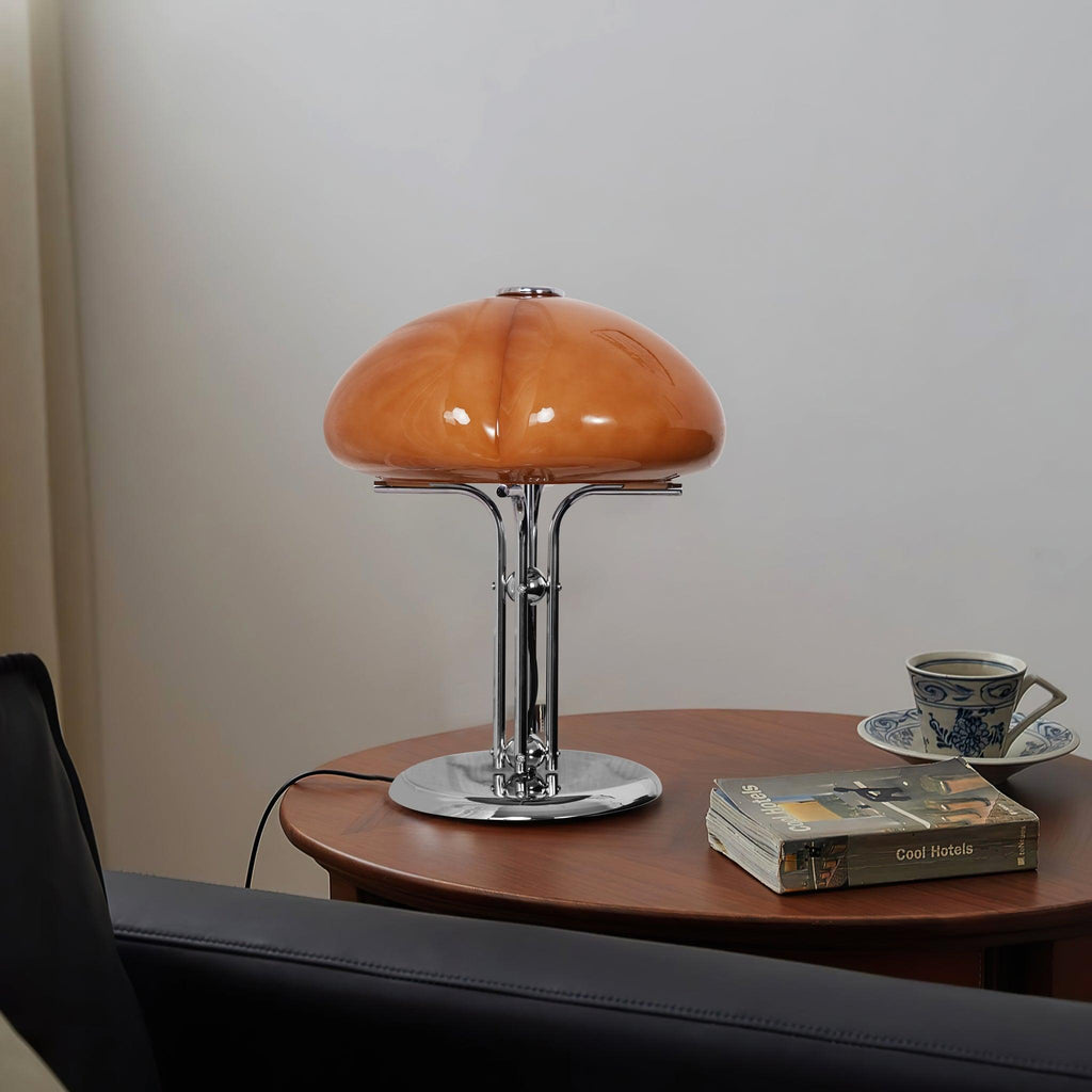 Mushroom Lamp For Tabletop In Bauhaus Style With Amber Glass Shade