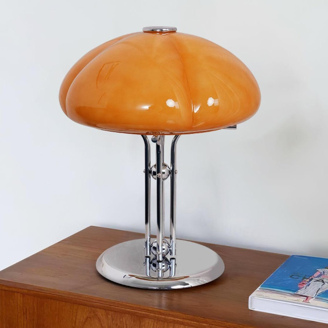Mushroom Lamp For Tabletop In Bauhaus Style With Amber Glass Shade