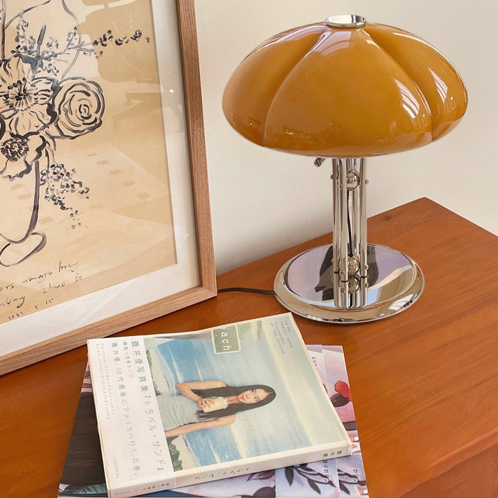 Mushroom Lamp For Tabletop In Bauhaus Style With Amber Glass Shade