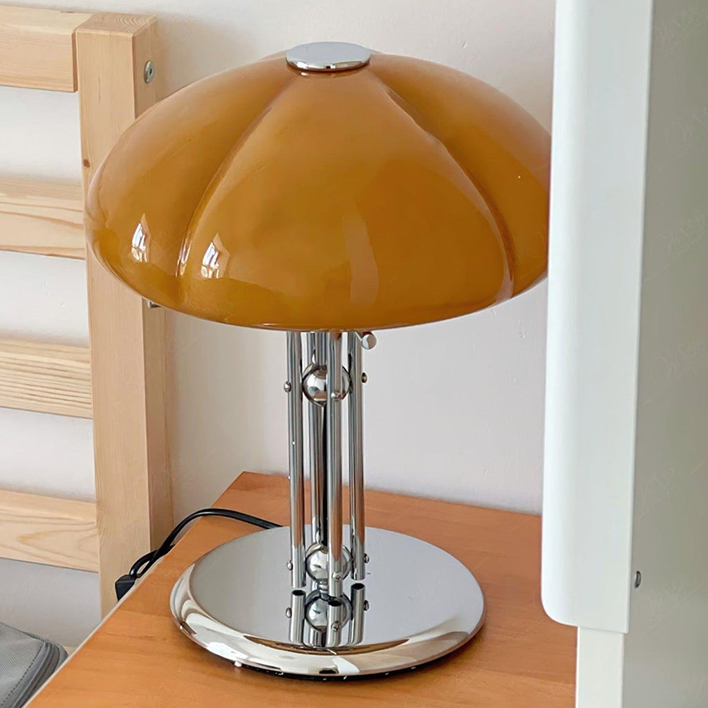 Mushroom Lamp For Tabletop In Bauhaus Style With Amber Glass Shade
