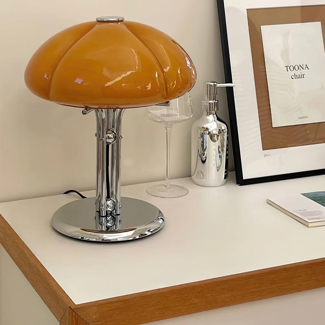 Mushroom Lamp For Tabletop In Bauhaus Style With Amber Glass Shade