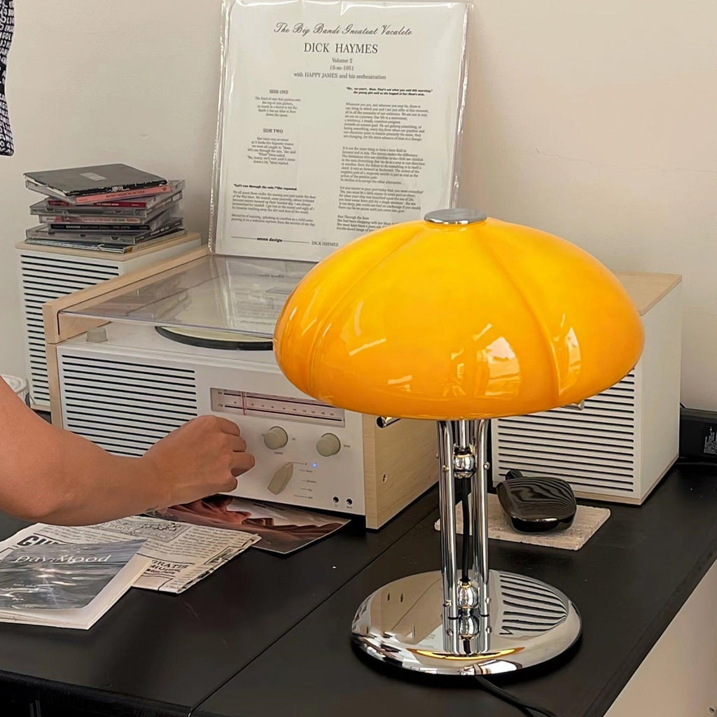 Mushroom Lamp For Tabletop In Bauhaus Style With Amber Glass Shade