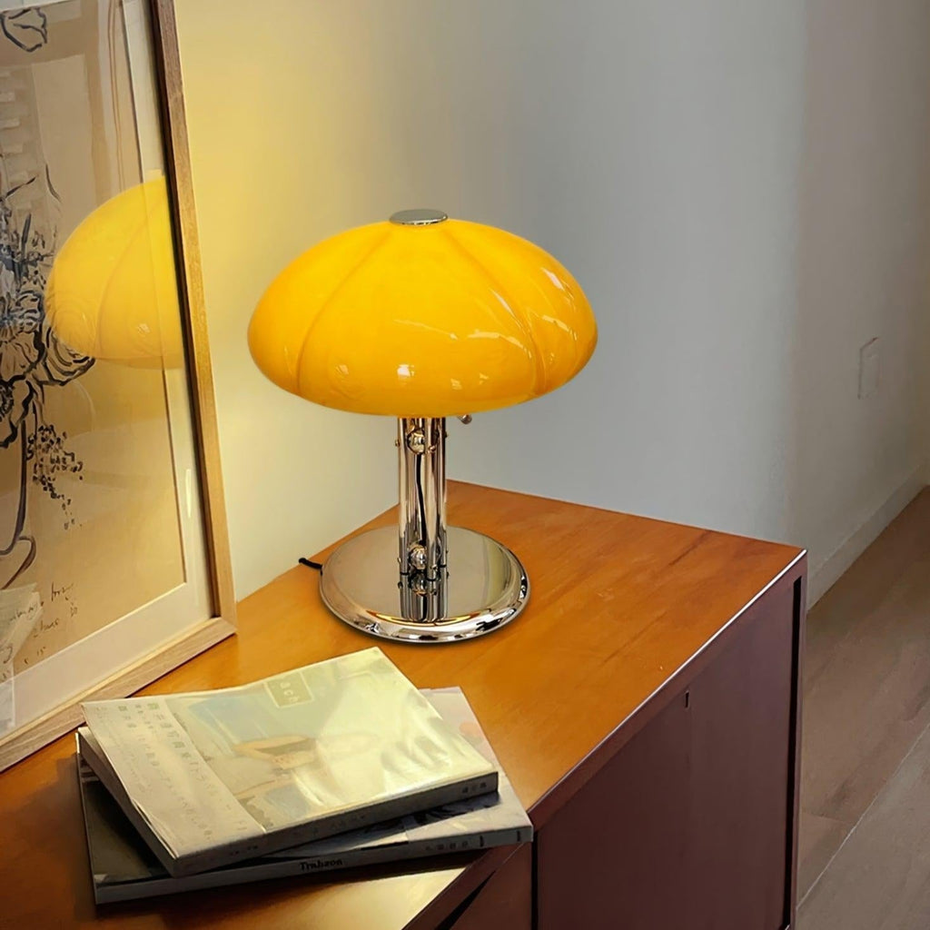 Mushroom Lamp For Tabletop In Bauhaus Style With Amber Glass Shade