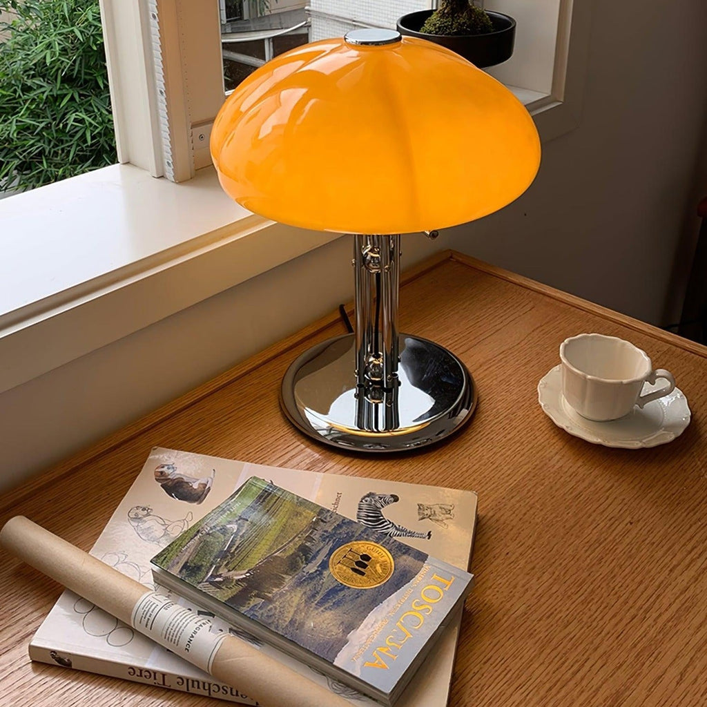 Mushroom Lamp For Tabletop In Bauhaus Style With Amber Glass Shade