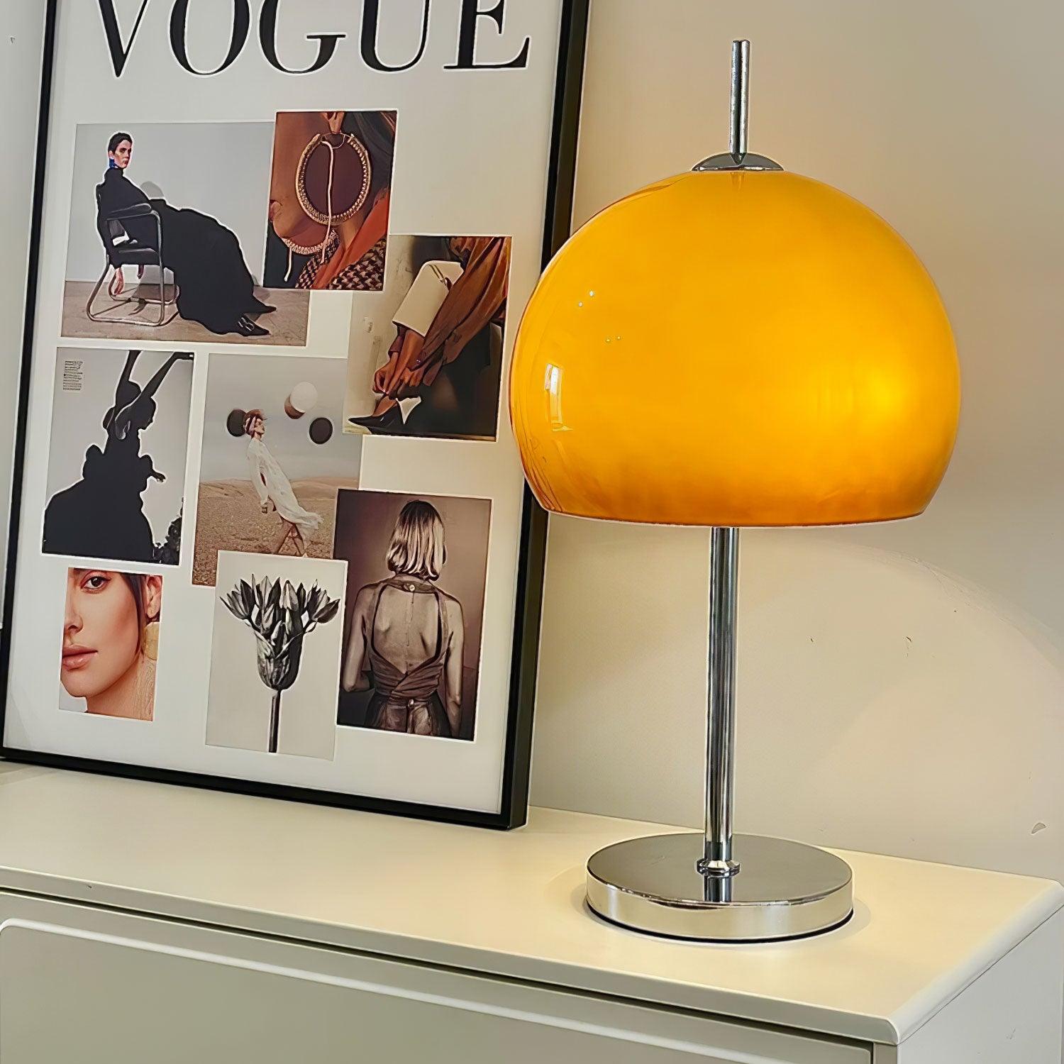 Mushroom Lamp For Tabletop In Bauhaus Style With Amber Glass Shade