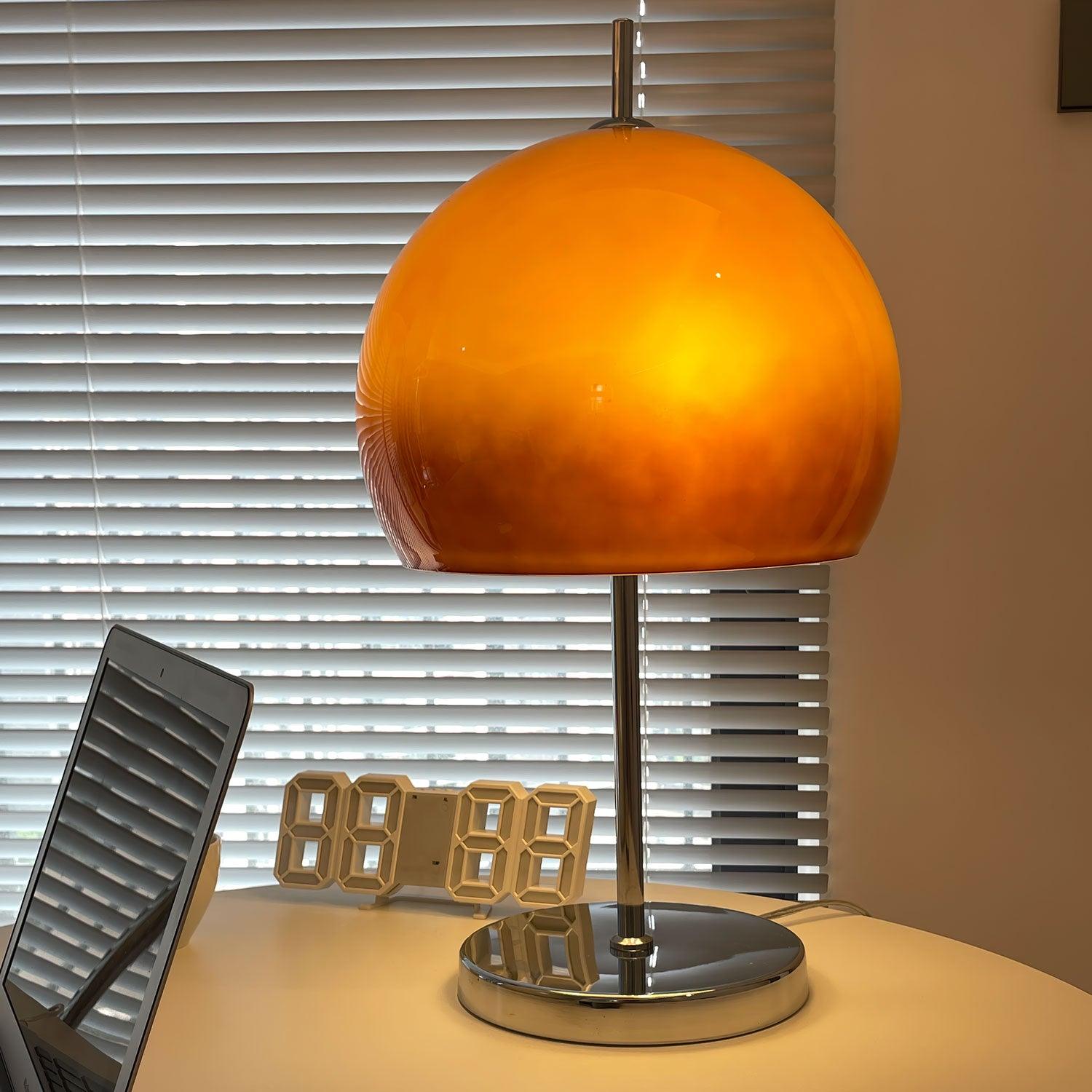 Mushroom Lamp For Tabletop In Bauhaus Style With Amber Glass Shade