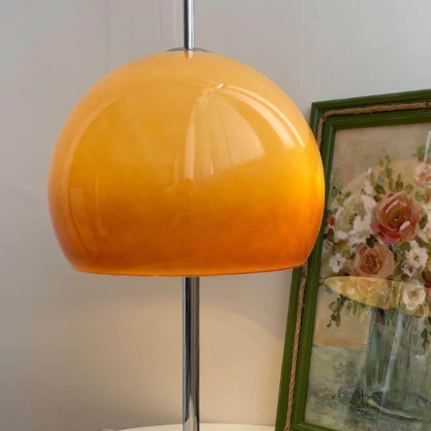 Mushroom Lamp For Tabletop In Bauhaus Style With Amber Glass Shade