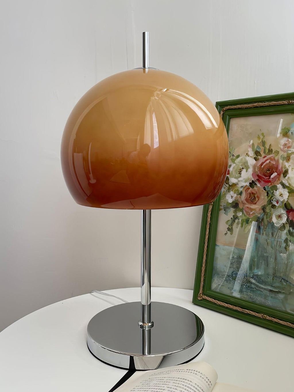 Mushroom Lamp For Tabletop In Bauhaus Style With Amber Glass Shade