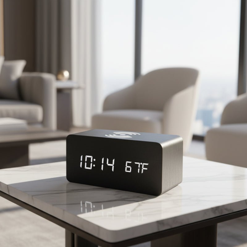 AuroraWood Wooden LED Alarm Clock With Wireless Charging Function