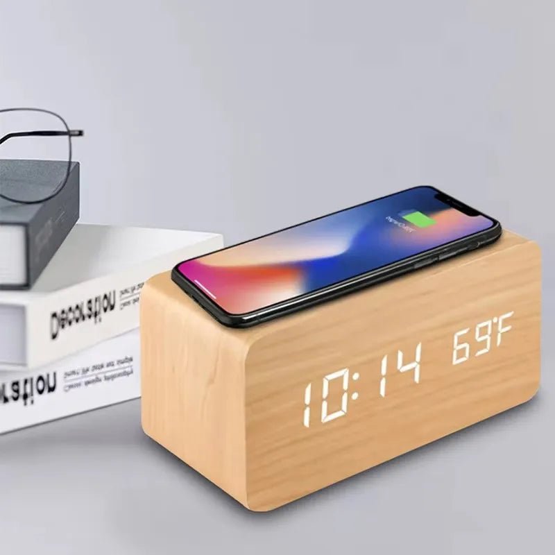 AuroraWood Wooden LED Alarm Clock With Wireless Charging Function
