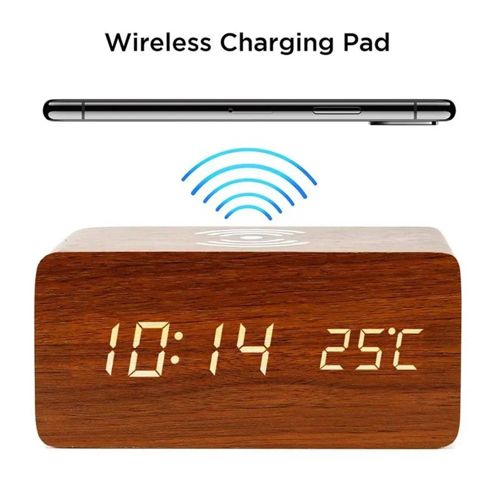 AuroraWood Wooden LED Alarm Clock With Wireless Charging Function