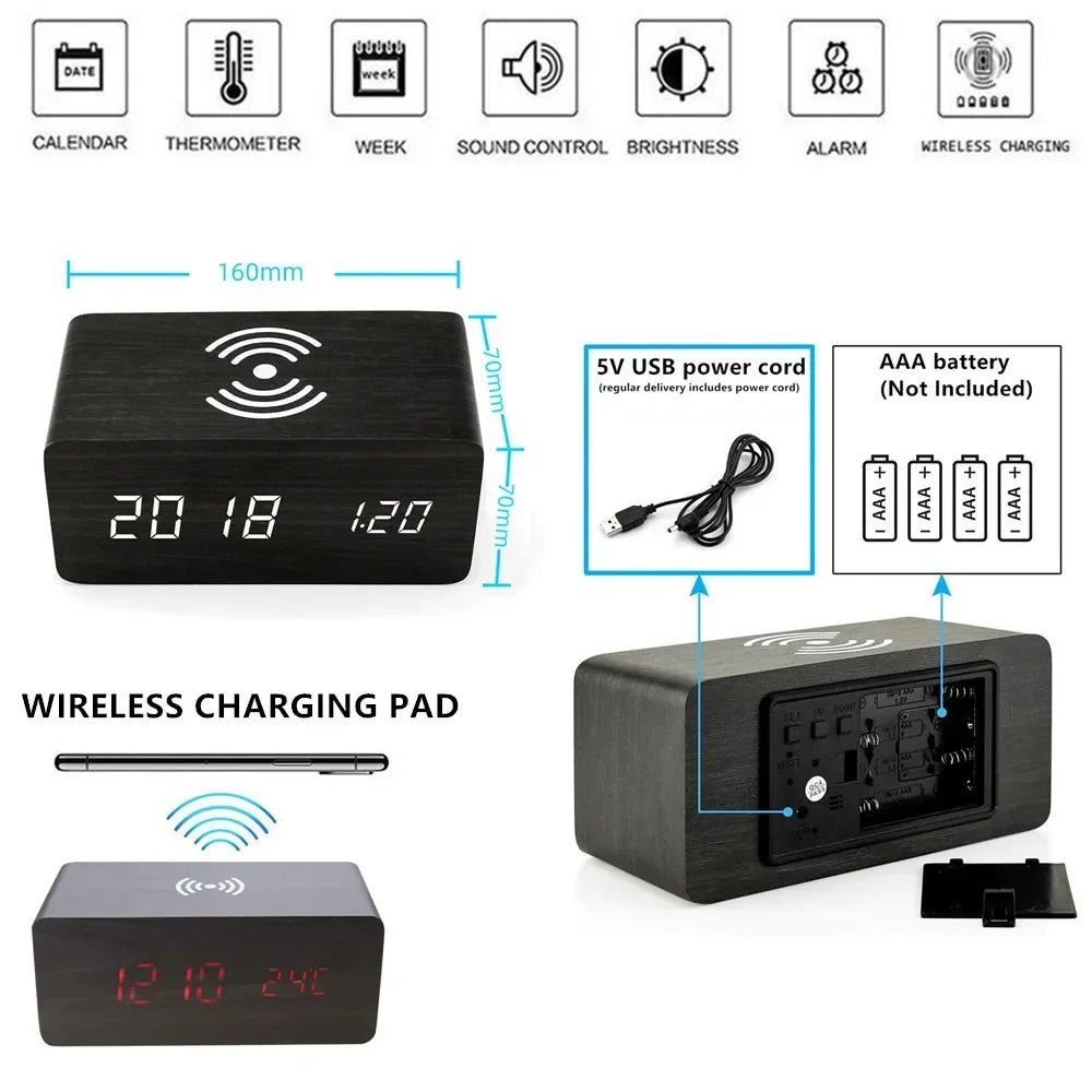 AuroraWood Wooden LED Alarm Clock With Wireless Charging Function