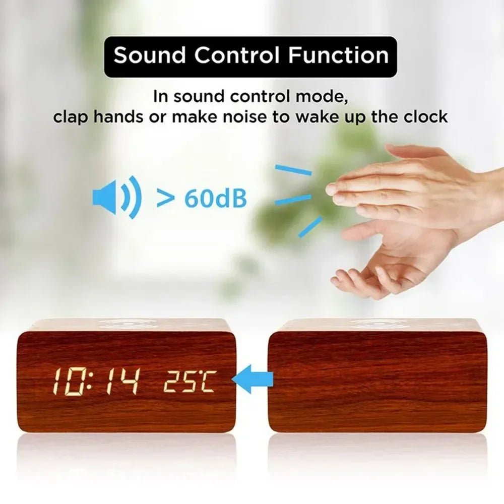 AuroraWood Wooden LED Alarm Clock With Wireless Charging Function