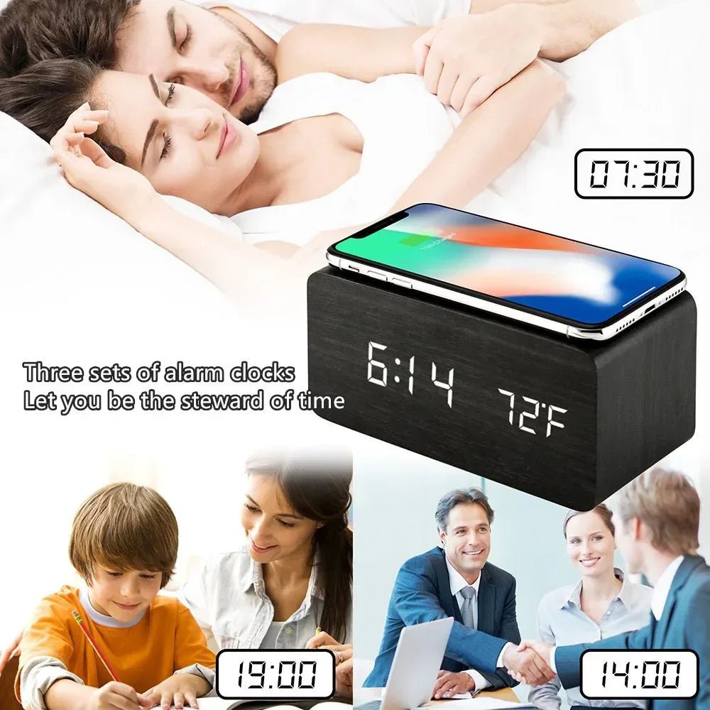 AuroraWood Wooden LED Alarm Clock With Wireless Charging Function
