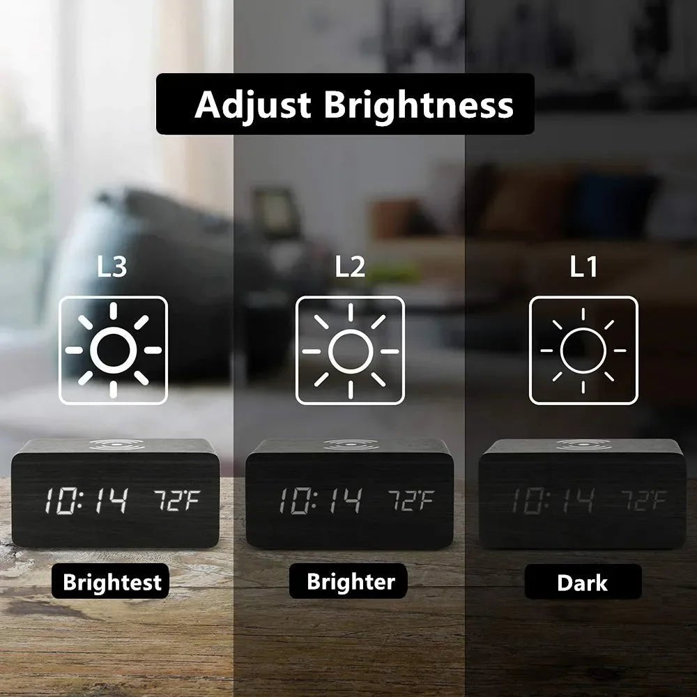 AuroraWood Wooden LED Alarm Clock With Wireless Charging Function